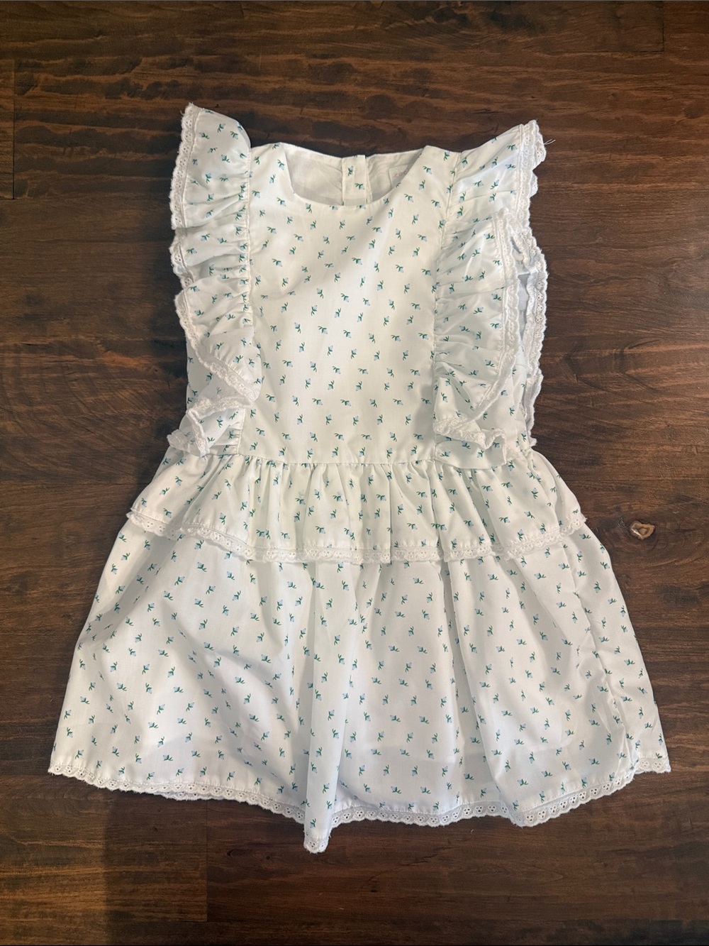 White & Mint Floral Ruffle Tiered Kids Dress